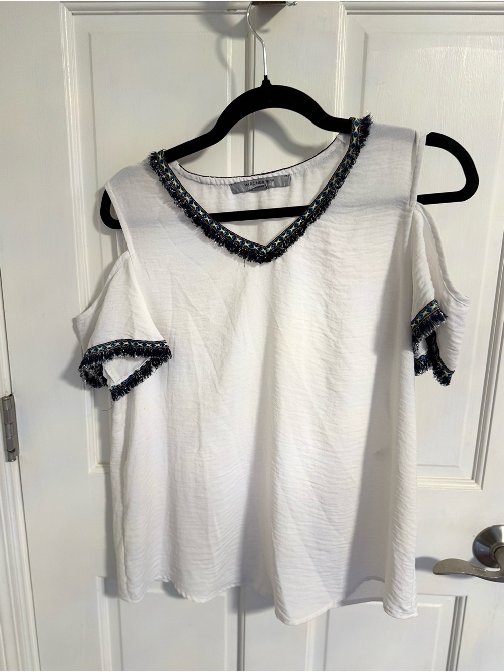 Marc New York White Cold-Shoulder V-Neck Top with Embroidered Trim